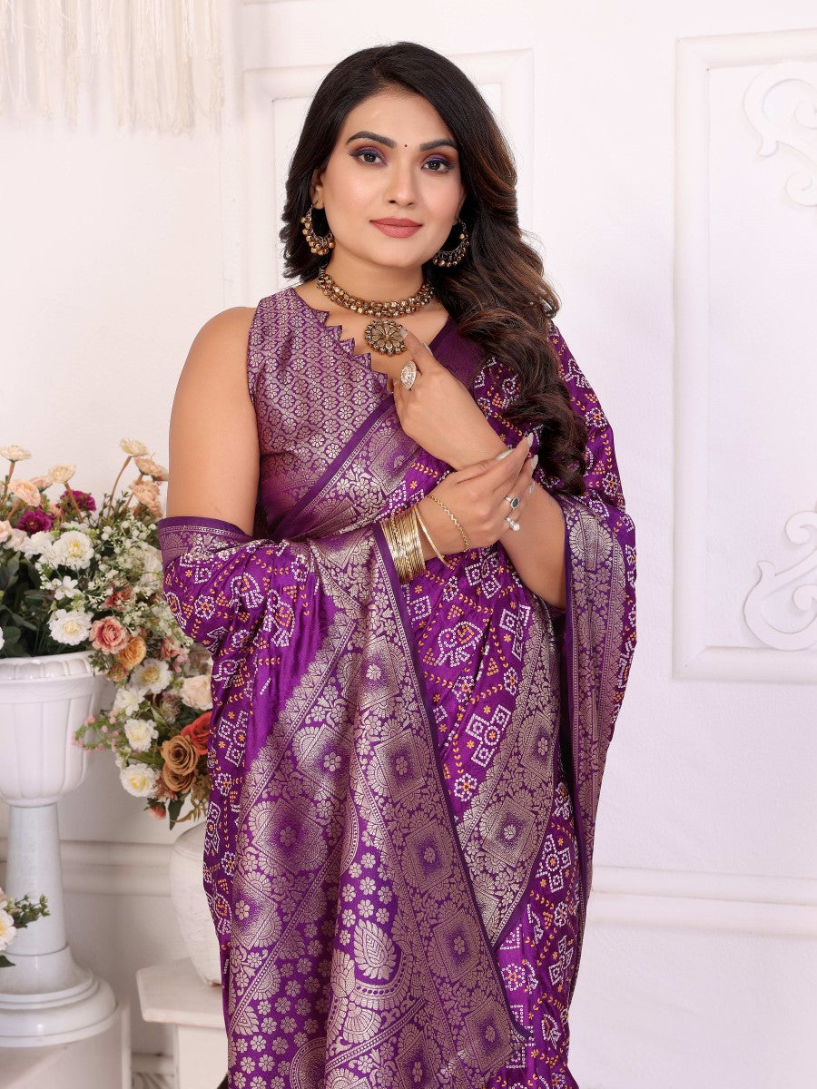 Anaita Purple Soft Satin Silk Bandhej Print Saree With Kanchi Zari Weaving Border