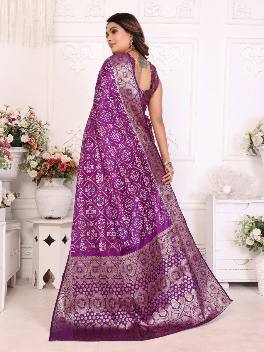 Anaita Purple Soft Satin Silk Bandhej Print Saree With Kanchi Zari Weaving Border