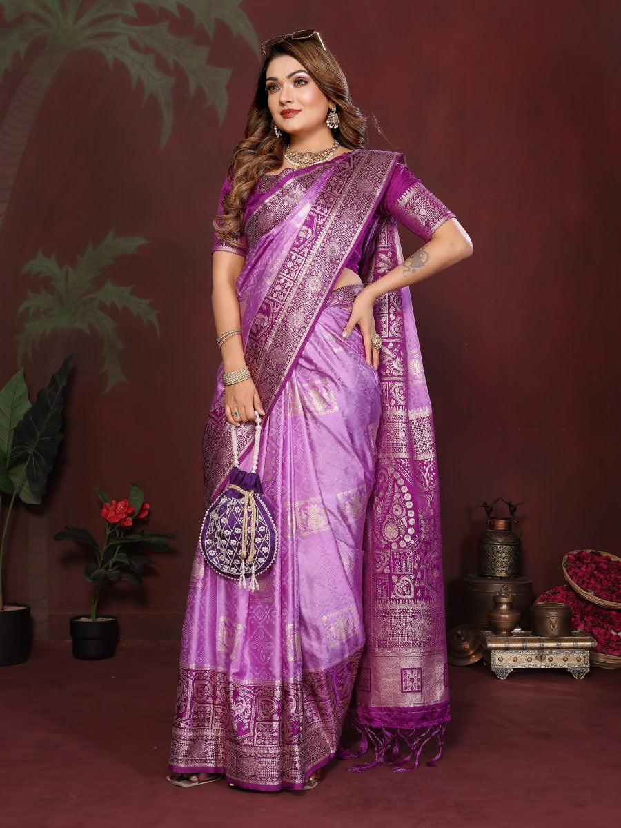 Anaita Purple Zari Butta Work Satin Silk Saree With Blouse