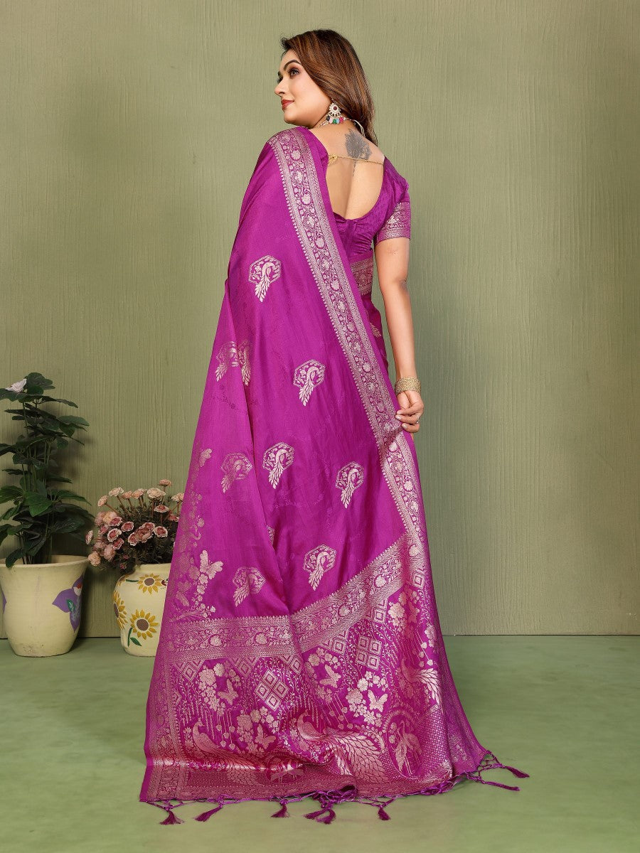 Anaita Purple Zari Butta Work Satin Silk Saree With Blouse