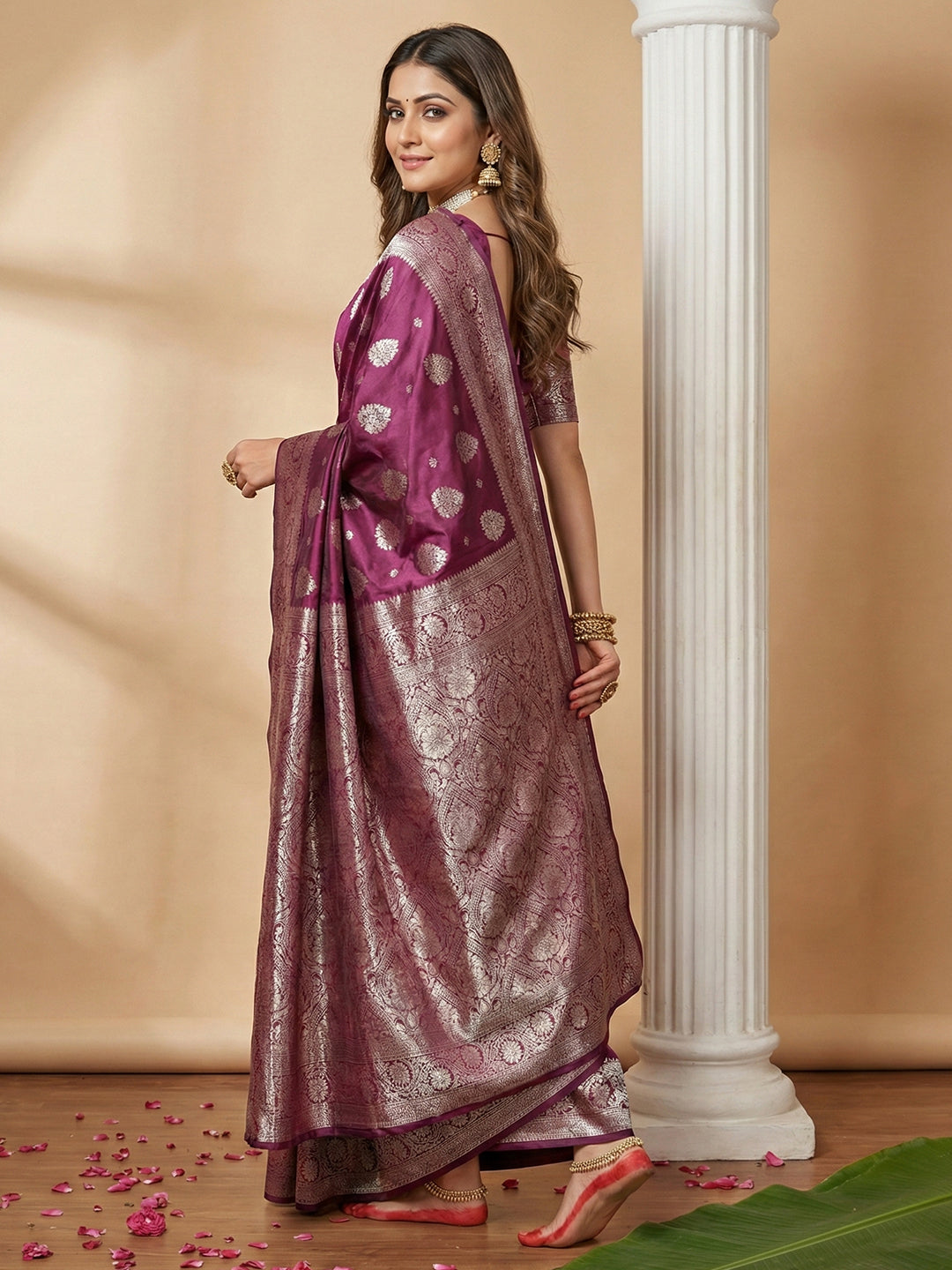 Anaita Purple Silk Blend Woven Saree With Blouse
