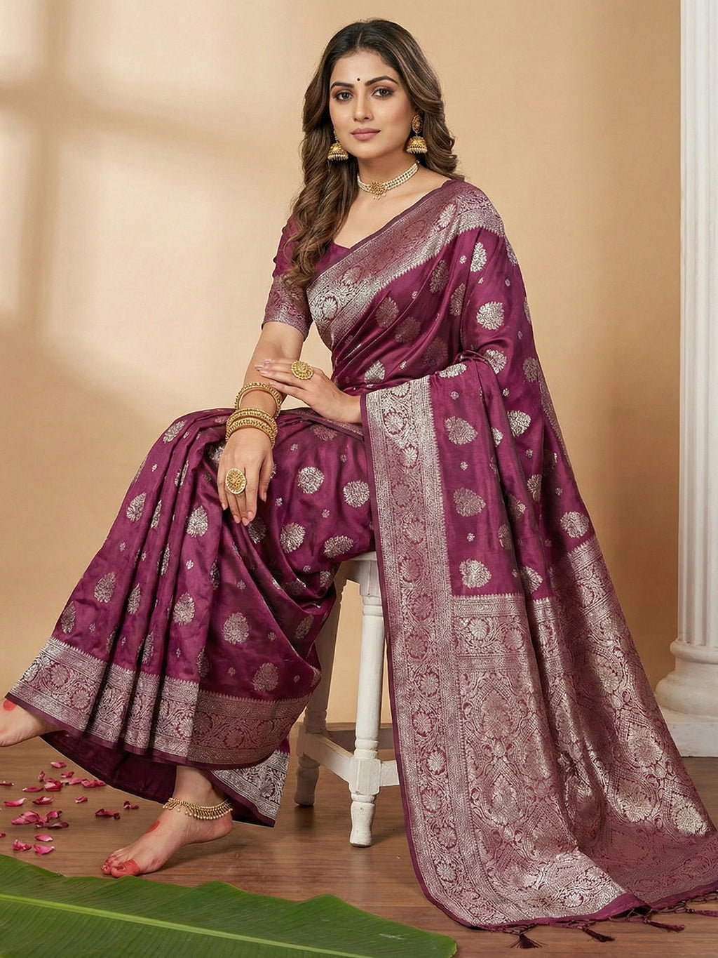 Anaita Purple Silk Blend Woven Saree With Blouse