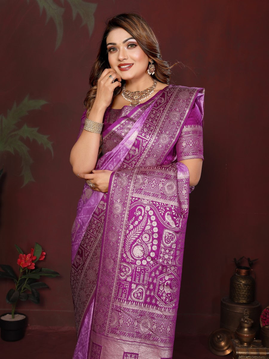 Anaita Purple Zari Butta Work Satin Silk Saree With Blouse