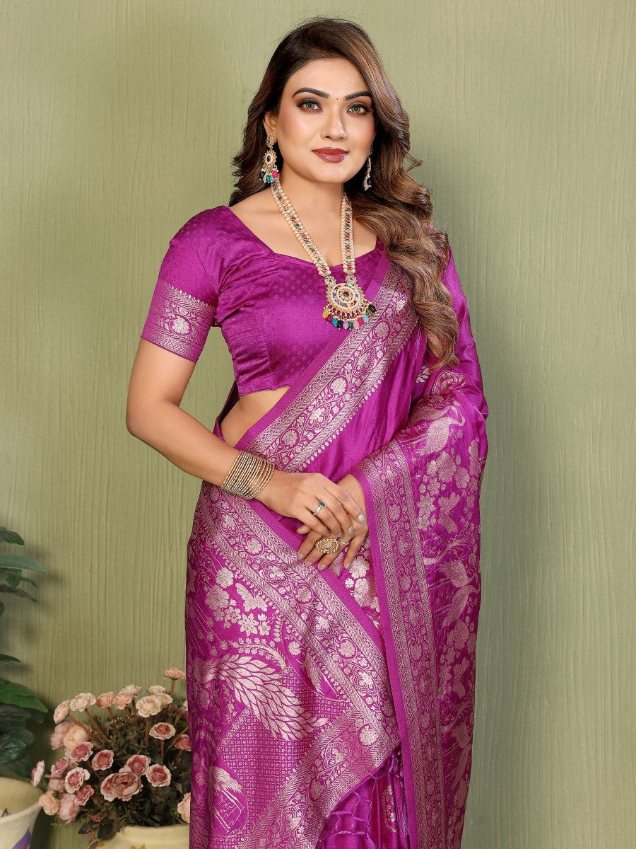 Anaita Purple Zari Butta Work Satin Silk Saree With Blouse