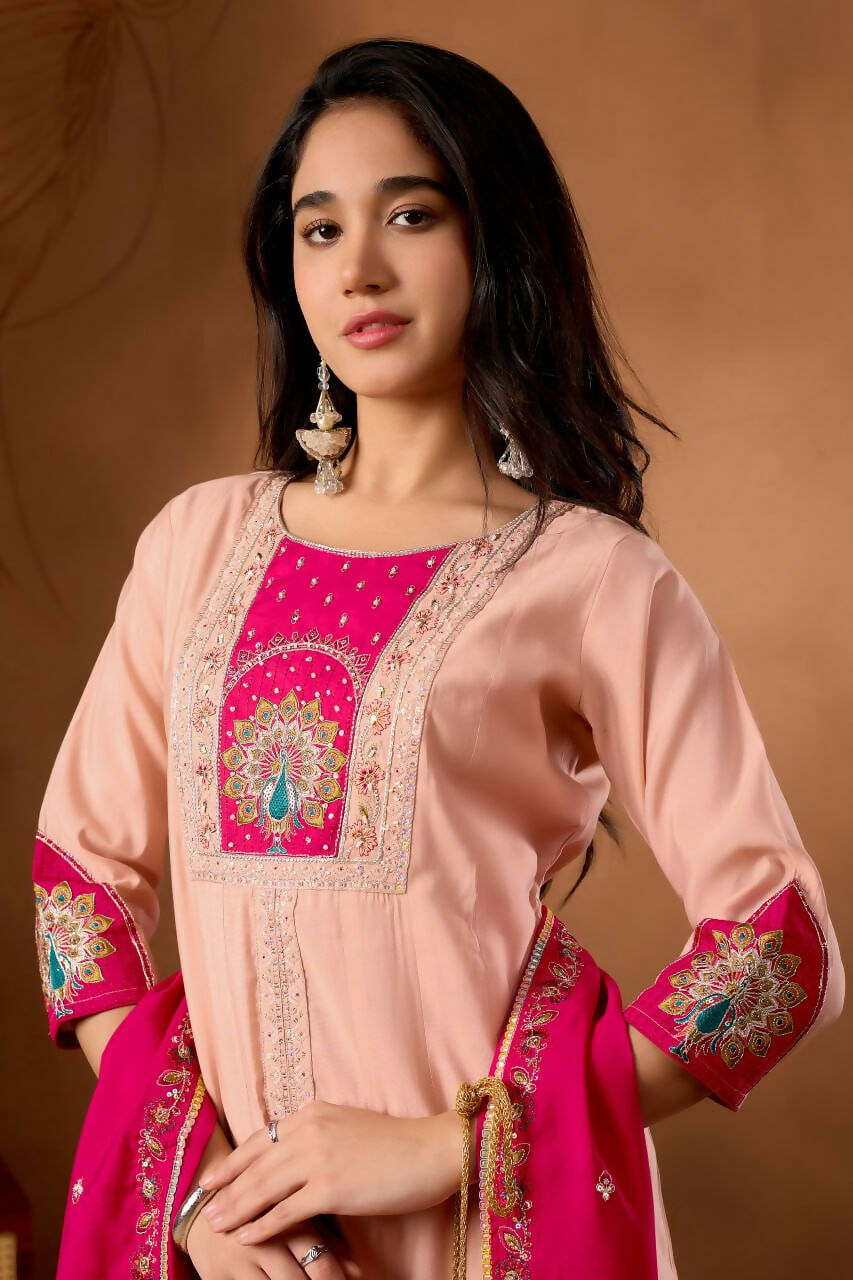 Lehenga Mart Designer Front-Slit Kurta, Paired With Wide-Leg Palazzo Pants And A Dupatta.-Peach
