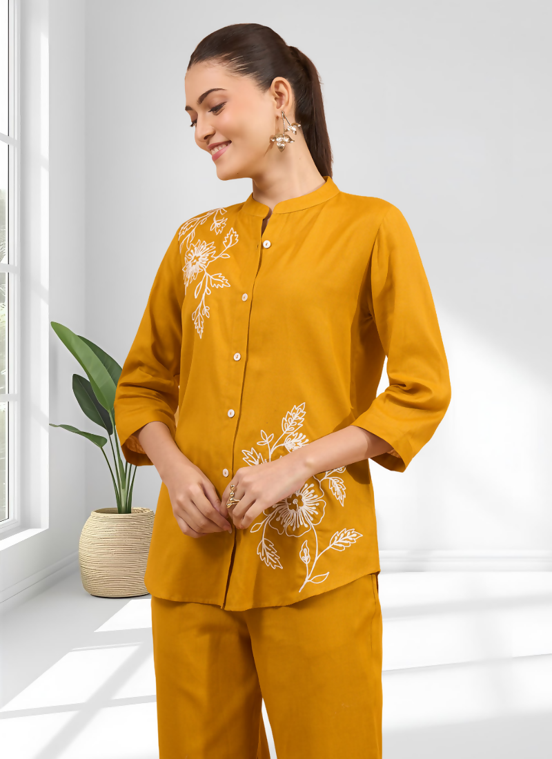 Joban Fashion Mustard Cotton, Linen Embroidered Readymade Cord Set