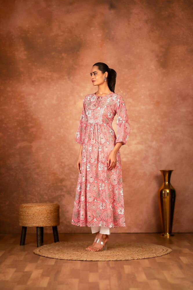 Joban Fashion Pink Floral Hand Block Printed Cotton Kurta Pant Set