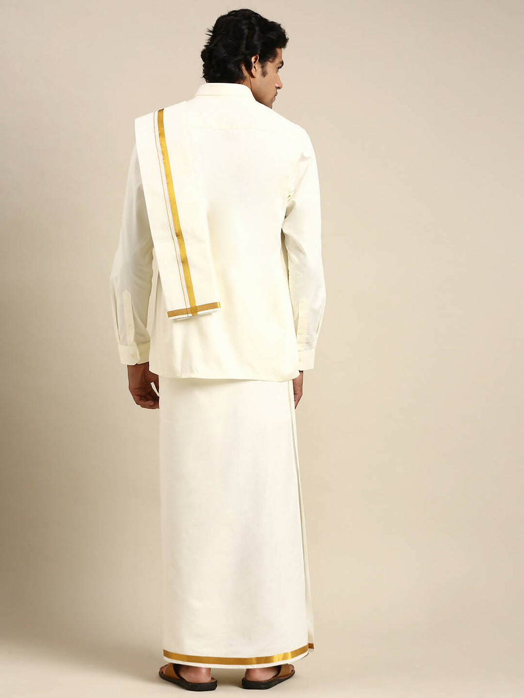 Ramraj Cotton Premium Wedding Cream Regular Dhoti, Shirt & Towel Set Golden Reward