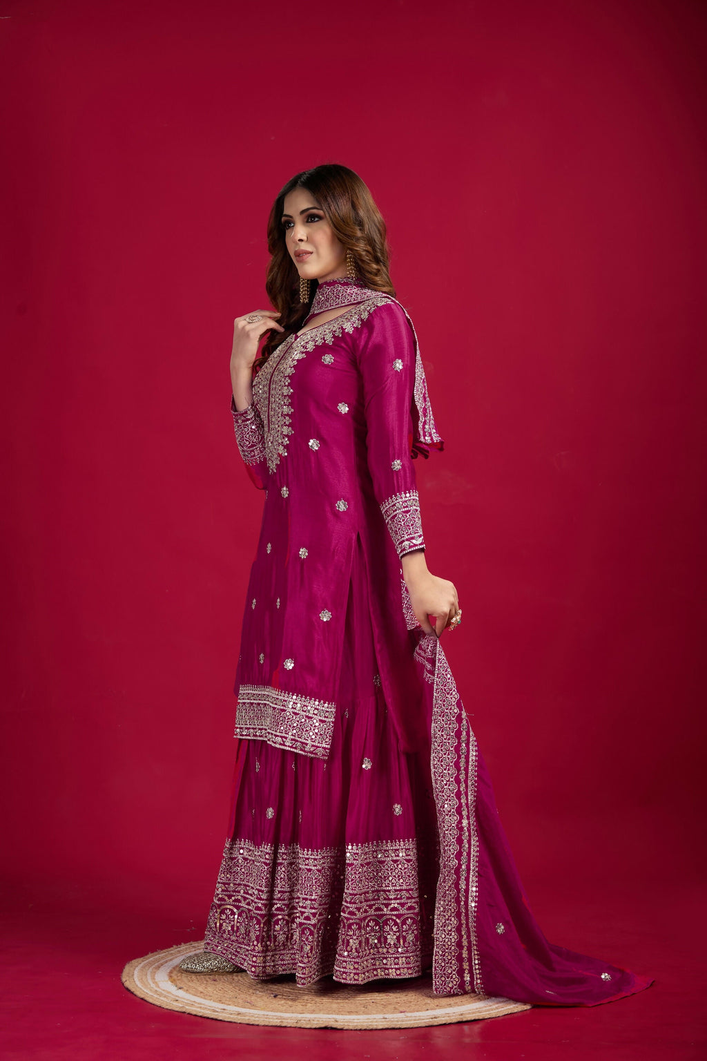 Joban Fashion Rani Kurta Set Silk Sequins , Zari, Coding & Thread Embroidered work