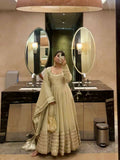 Teeya Creation Womens New Fancy Silk Heavy Quality Fabric with Handwork Cream Gown Set