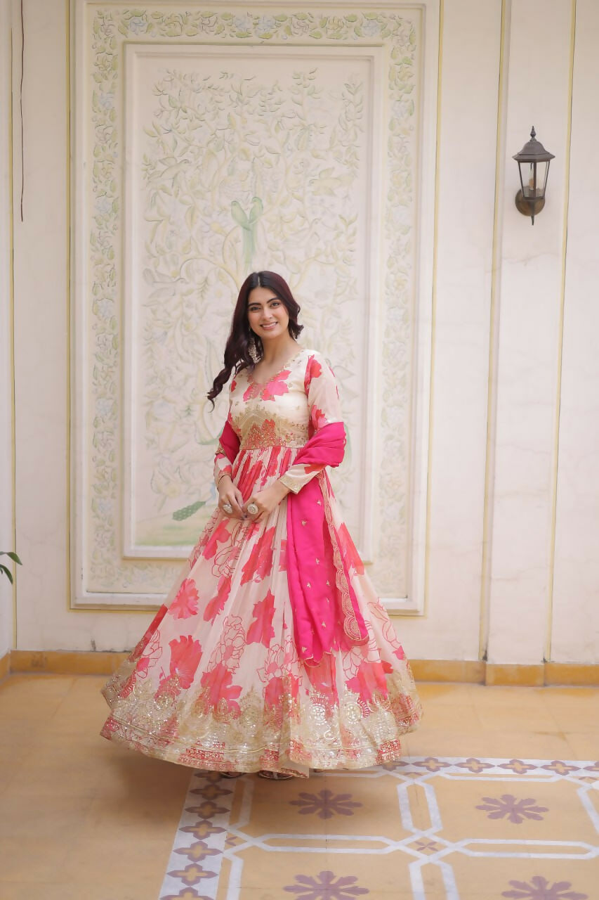 Teeya Creation Womens New Trending Digital Printed Russian Silk With Embroidery Zari Sequins-Work Gown Set