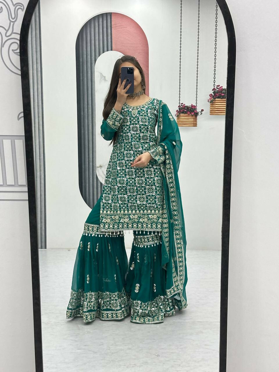 Teeya Creation Womens New Heavy Fox Georgette Fabric With Heavy Embroidery Work Green Kurta Set