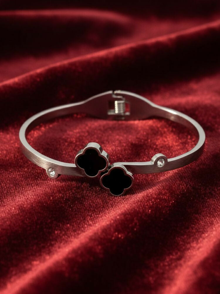 NVR Women Silver Plated Black Cuff Bracelet