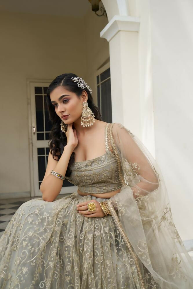 Aastha Fashion Ivory Butterfly Net Tone To Tone Cotton Thread Work And Sequence Work Embroidery Wedding Wear Lehenga Choli