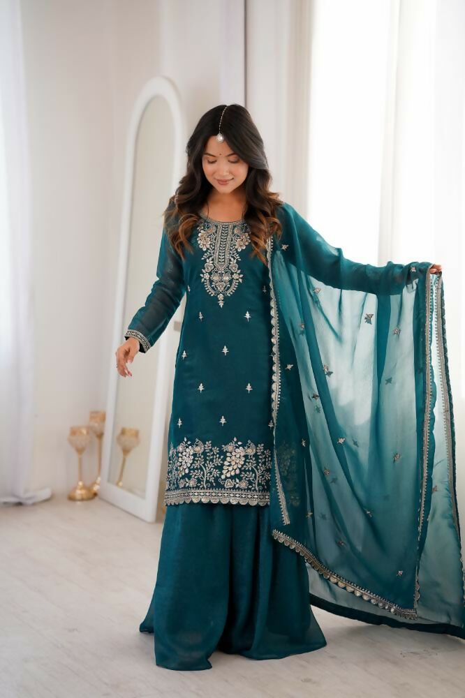 Lehenga Mart Designer Sharara Suit With Kurta, Sharara, Dupatta For Women-Teal Blue