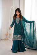 Lehenga Mart Designer Sharara Suit With Kurta, Sharara, Dupatta For Women-Teal Blue