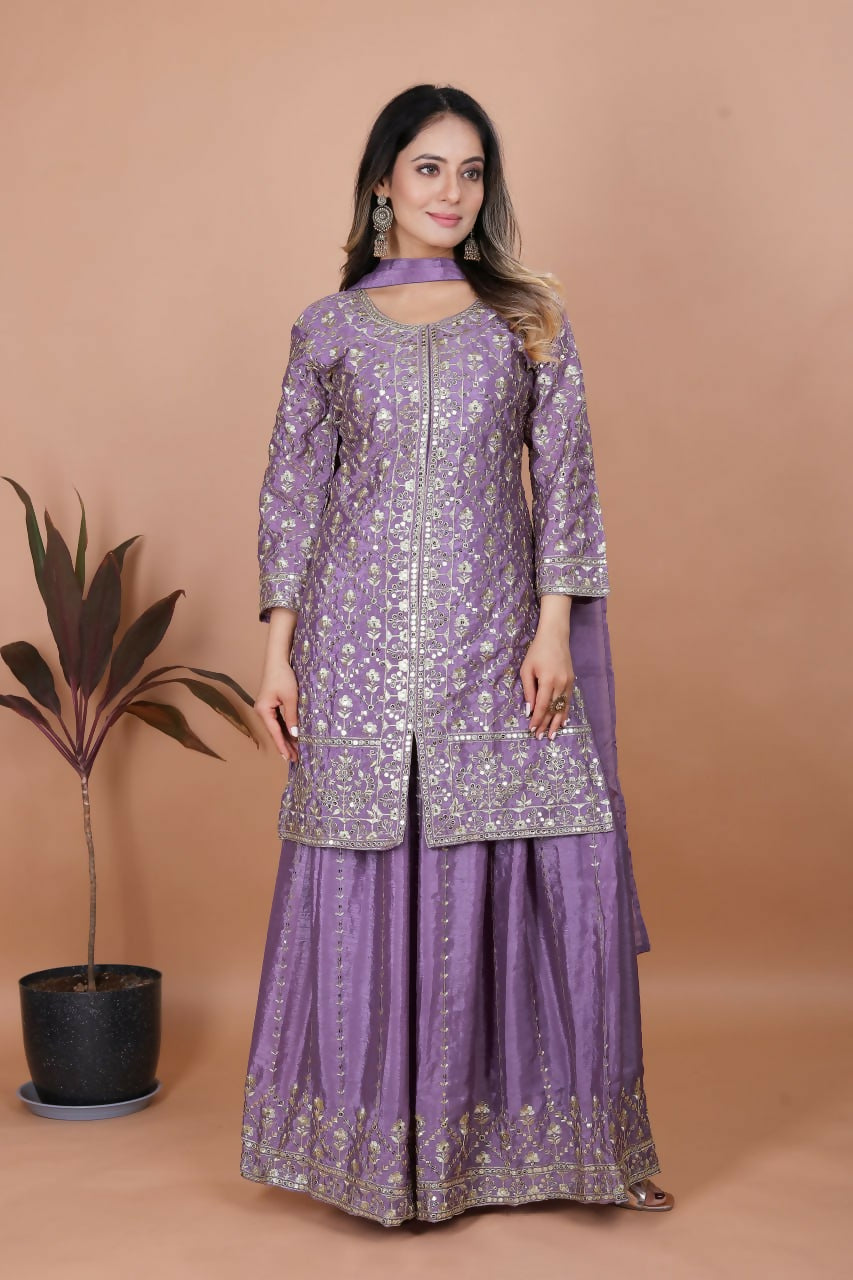 Joban Fashion Purple Silk Embroidered Sharara Set