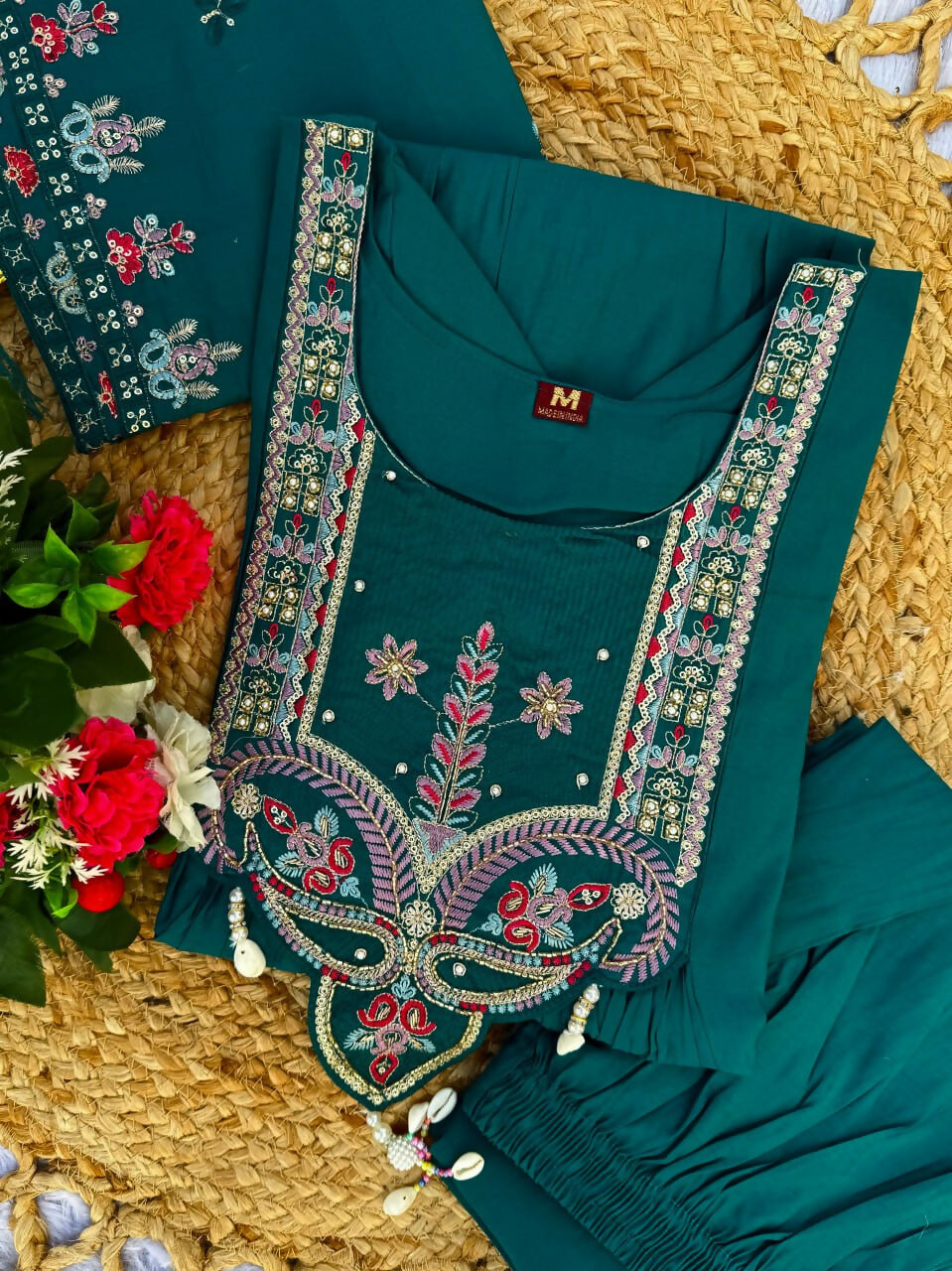 Lehenga Mart Designer Anarkali Suit With Kurta, Pant, Dupatta For Women-Teal