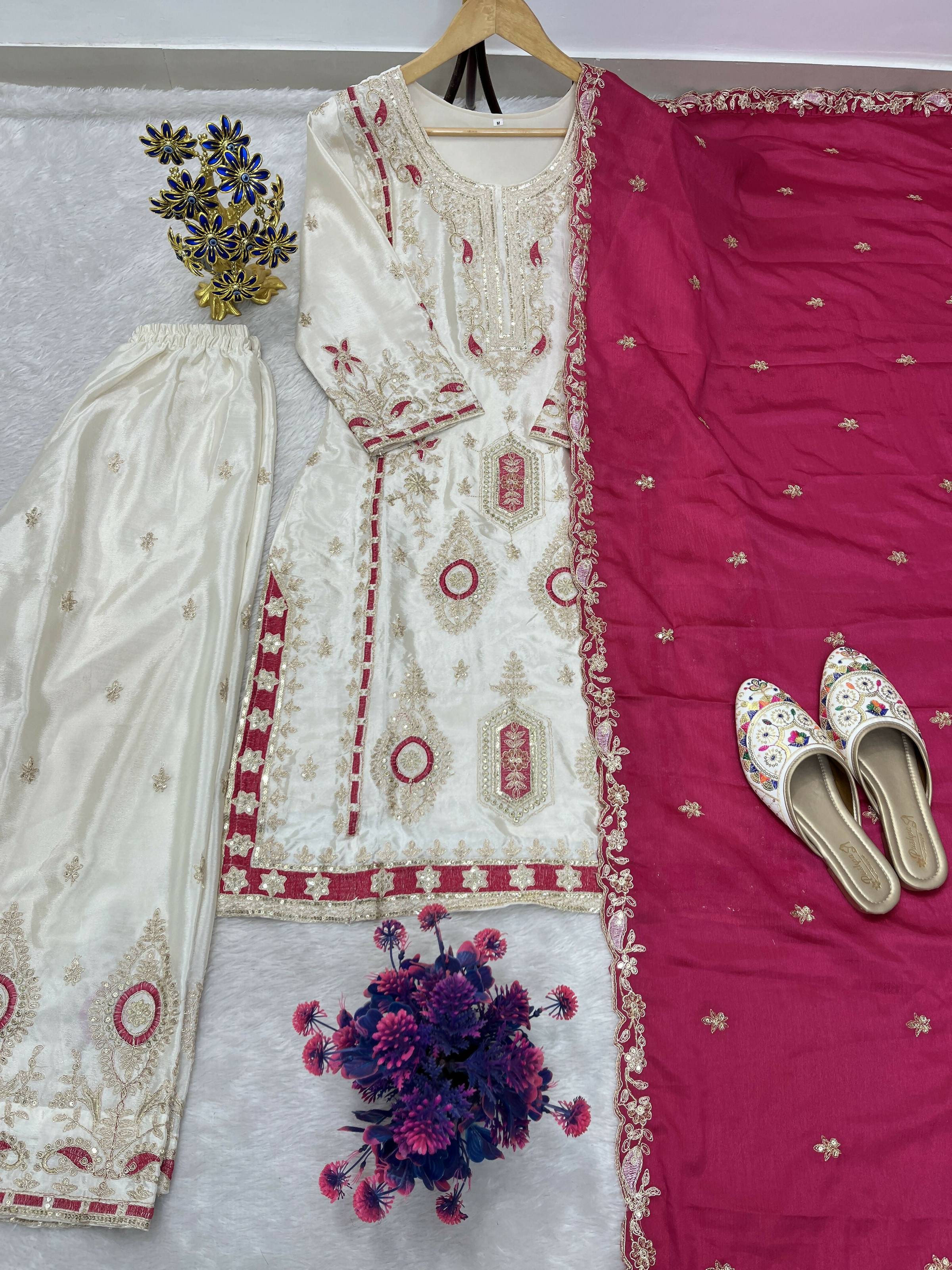 Teeya Creation White Color Chinon Silk Party Wear Trending Palazzo Set
