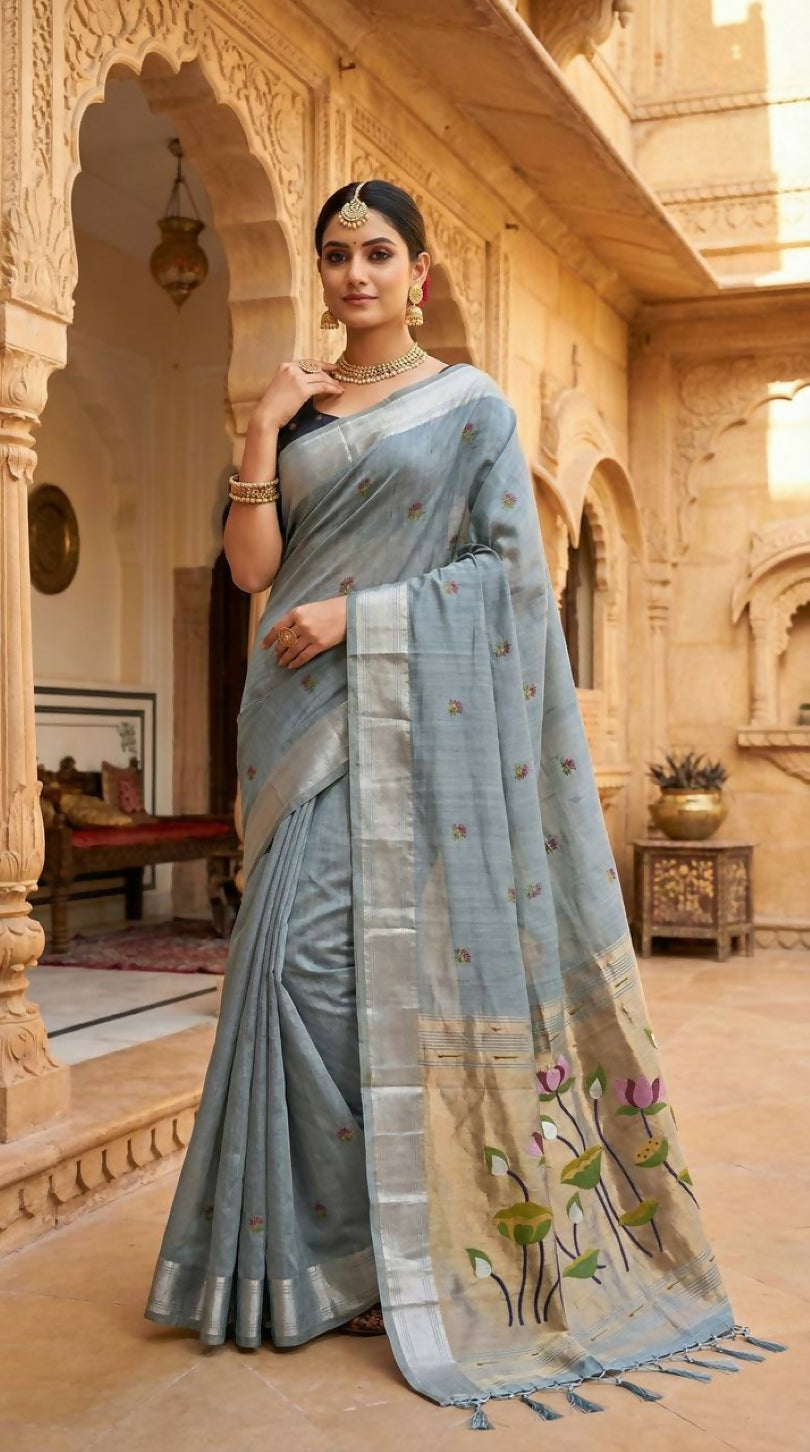 Vastranavya Sky Blue Muga Cotton Meenakari & Munia Weaving Pallu Saree with Contrast Blouse