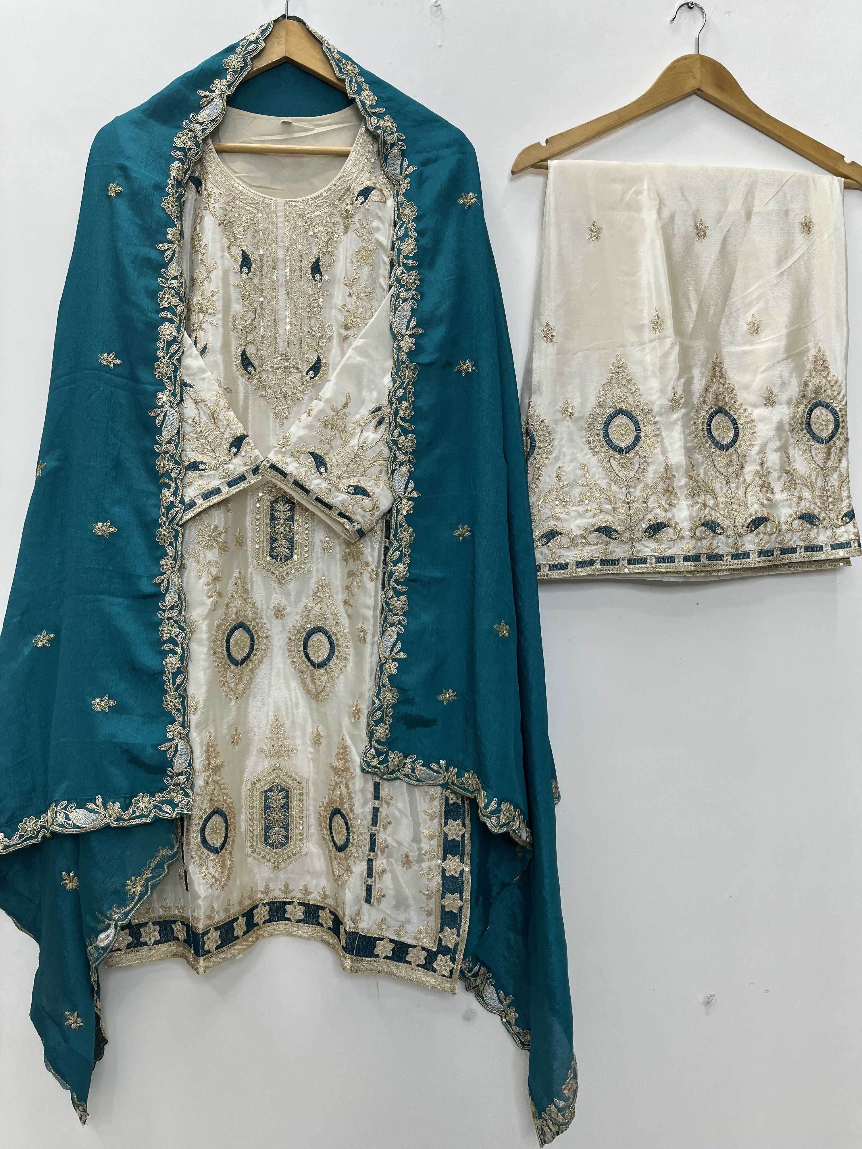 Teeya Creation White Color Chinon Silk Party Wear Trending Palazzo Set