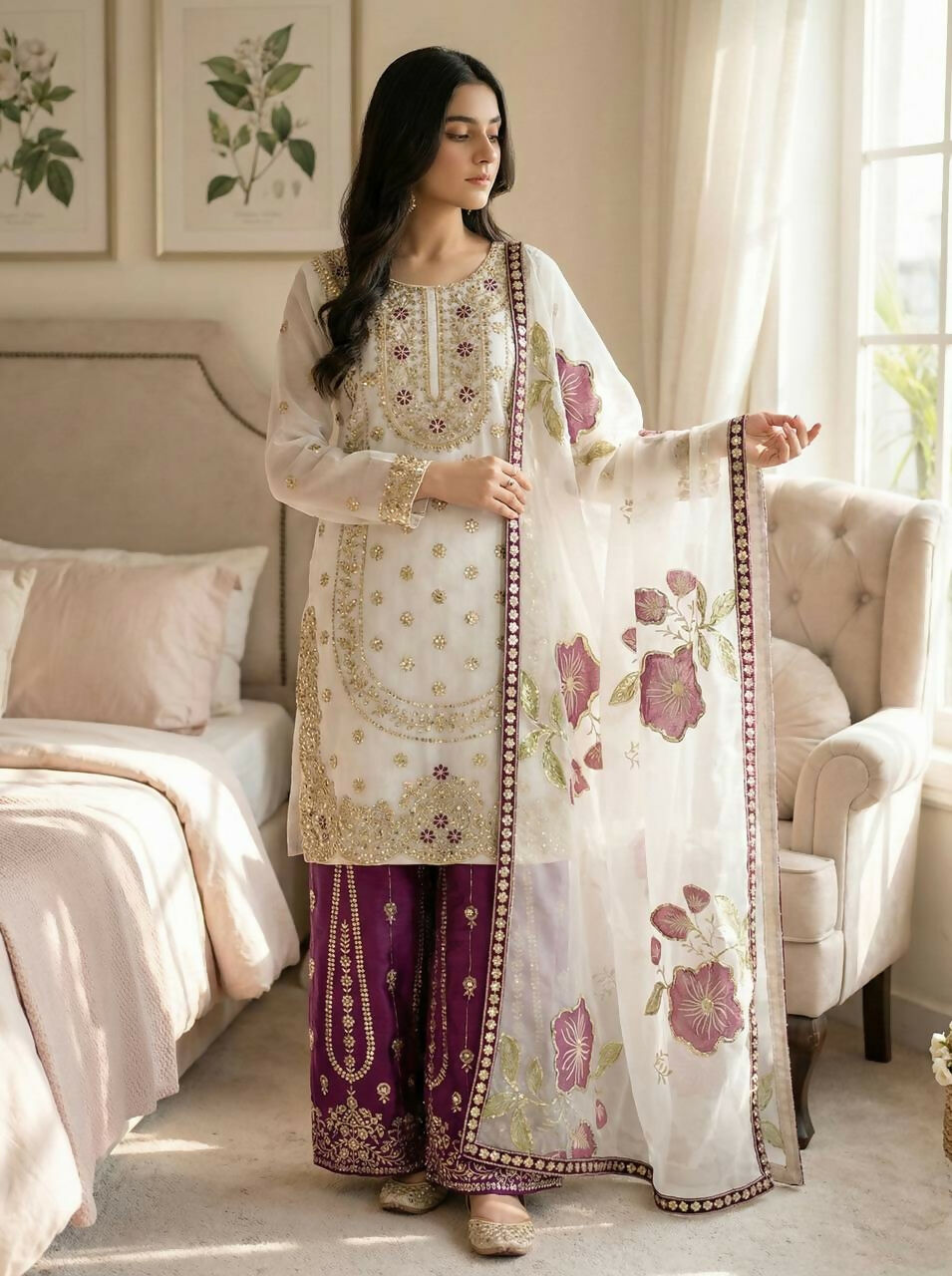 Teeya Creation Wine Gimmy Silk Designer Embroidery Work Wedding Wear Palazzo Pair