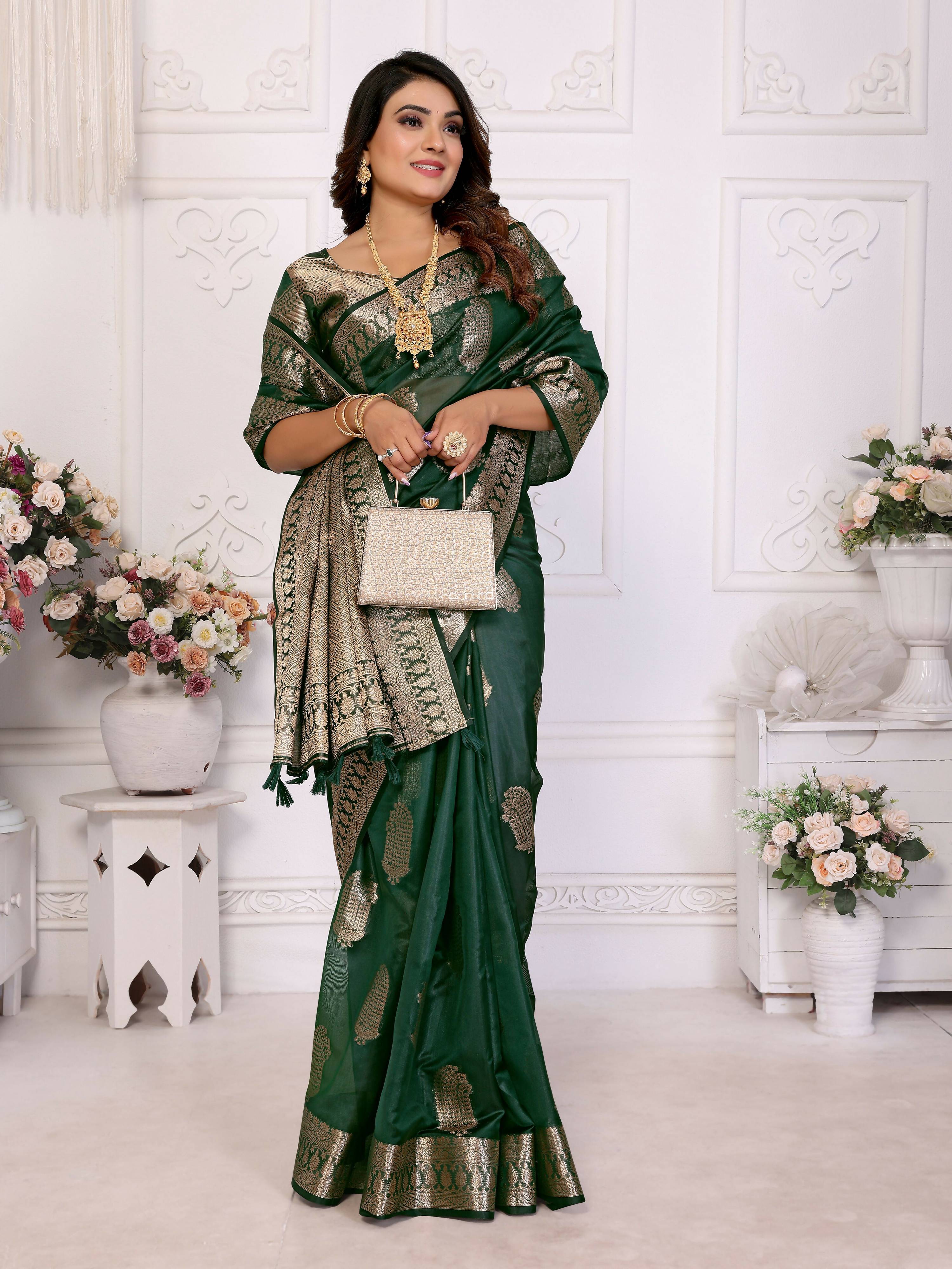 Aastha Fashion Green Soft Organza Silk Weaving Saree