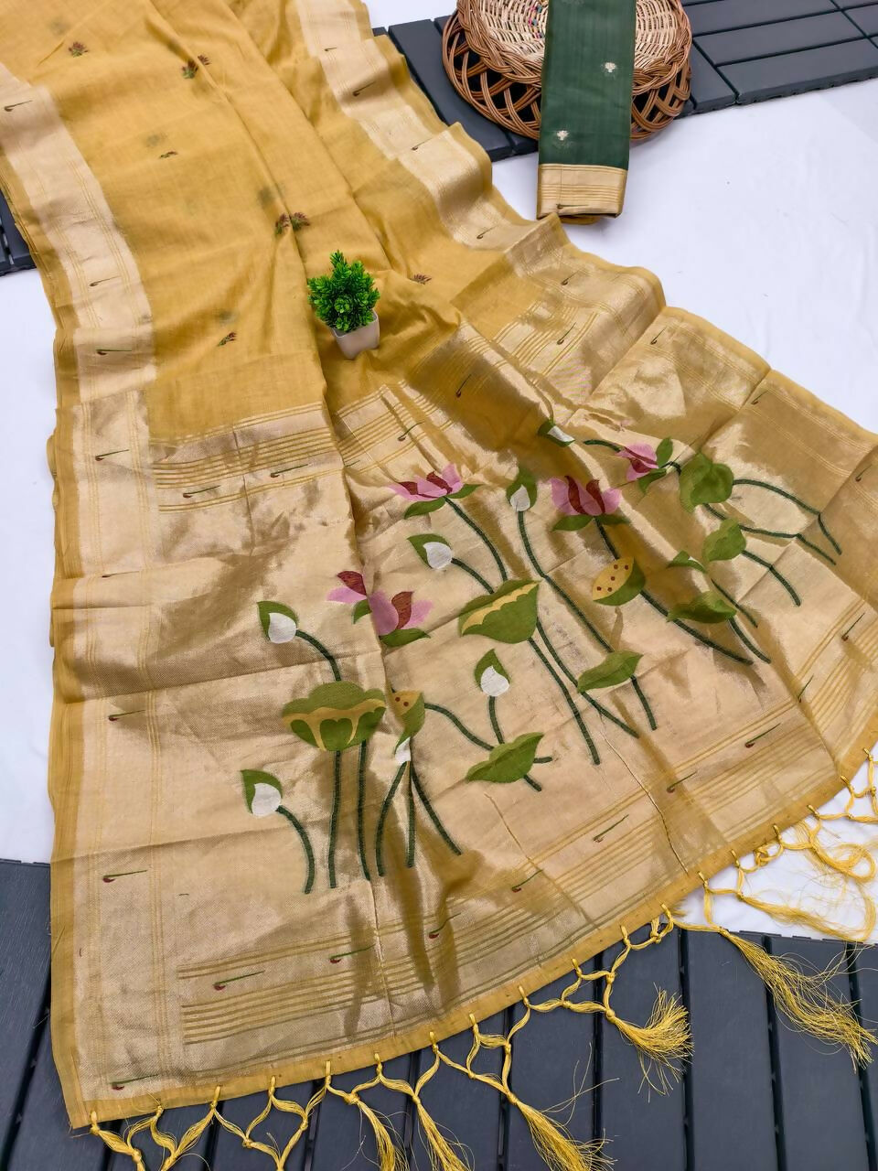 Vastranavya Yellow Muga Cotton Meenakari & Munia Weaving Pallu Saree with Contrast Blouse
