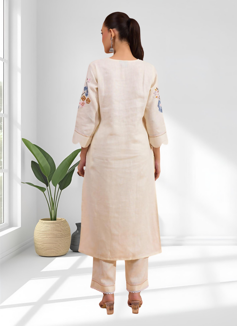 Joban Fashion Cream Linen Embroidered Readymade Long Kurta With Pant