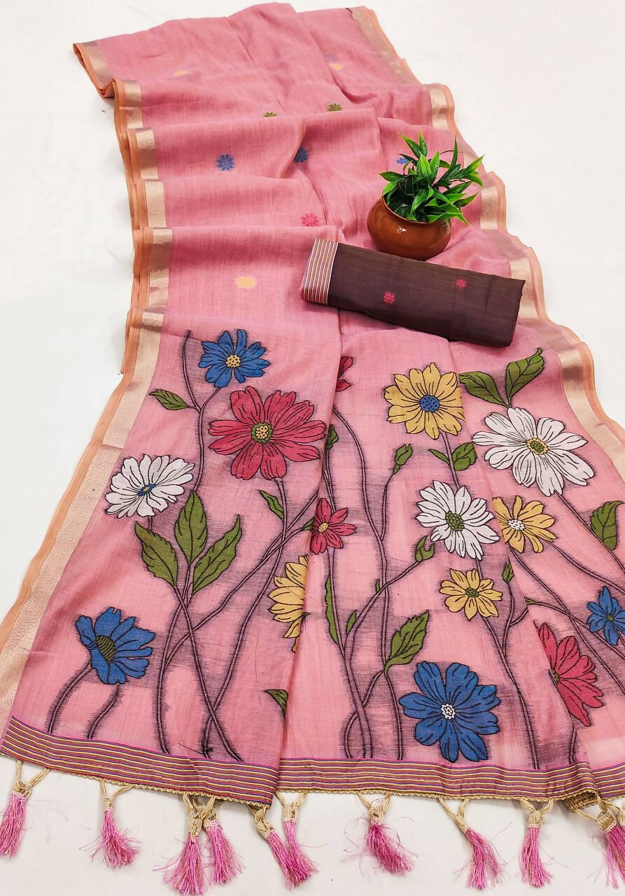 Vastranavya Pink Muga Cotton Meenakari & Azarakh Pallu Saree with Contrast Blouse