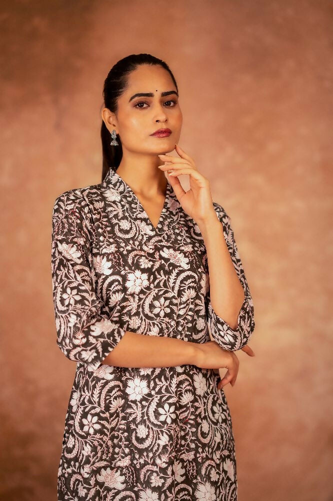 Joban Fashion Black Floral Hand Block Printed Cotton Kurta Pant Set