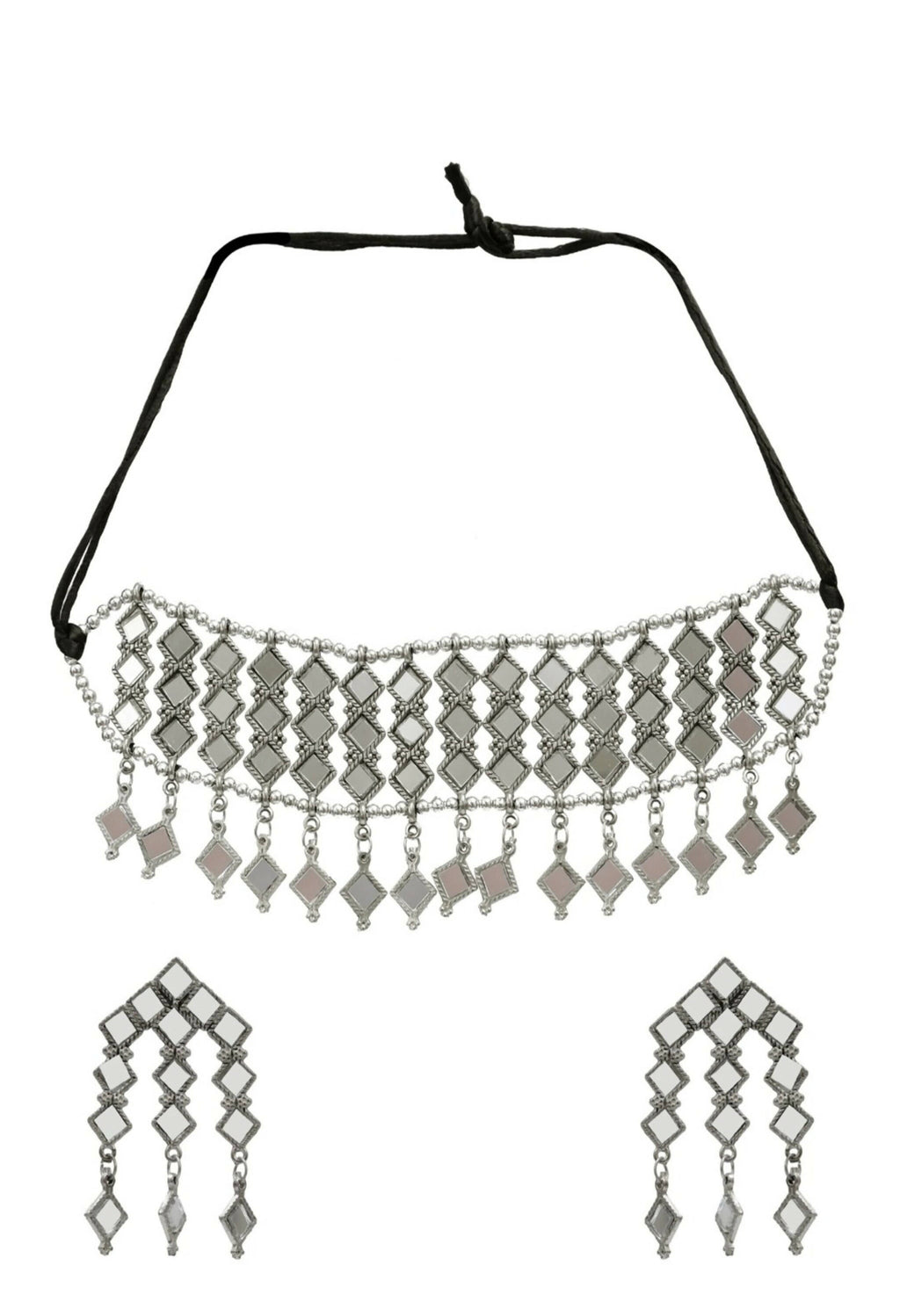 Mominos Fashion Johar Kamal Oxidised Silver-Plated Alloy Finish Mirror Choker For Women