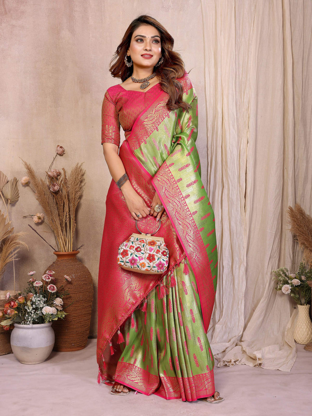 Aastha Fashion Pista Green Tissue Silk Paithani Woven Saree