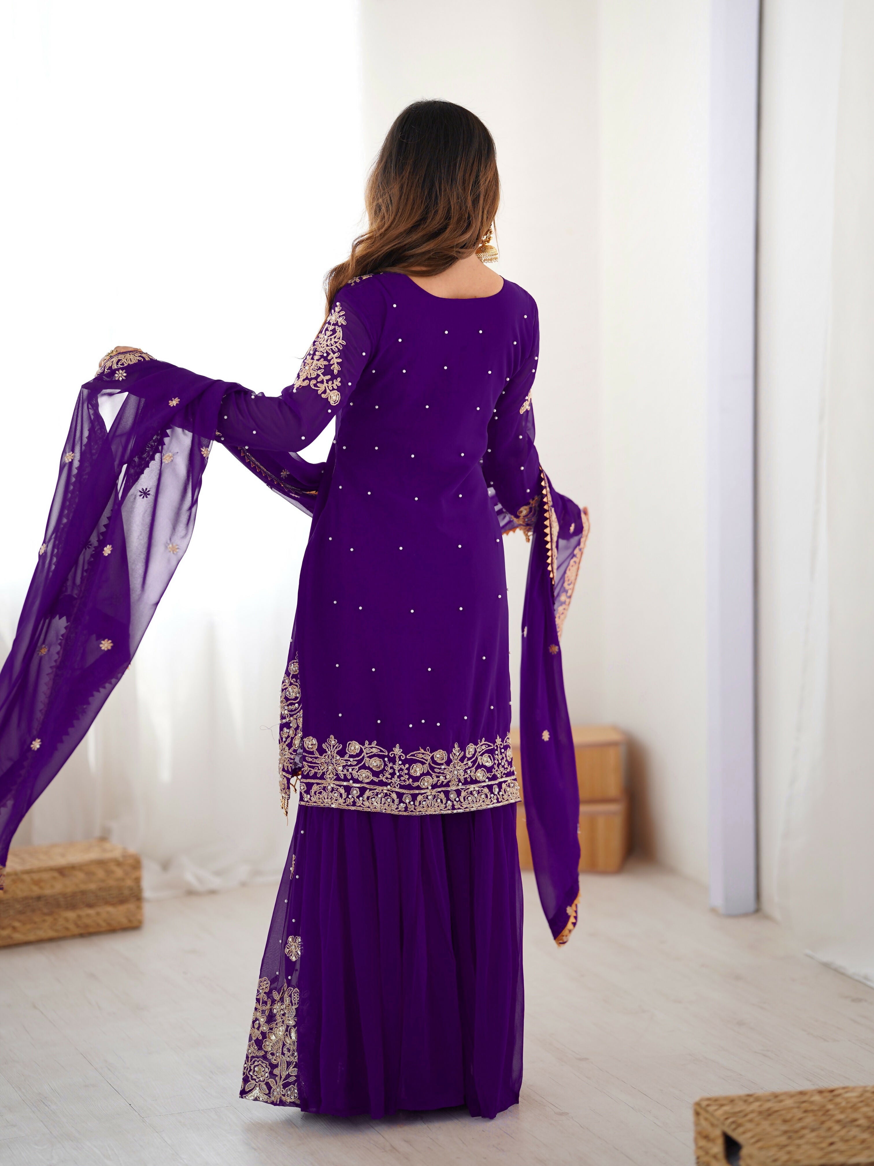 Lehenga Mart Designer Sharara Suit With Kurta, Sharara, Dupatta For Women-Purple