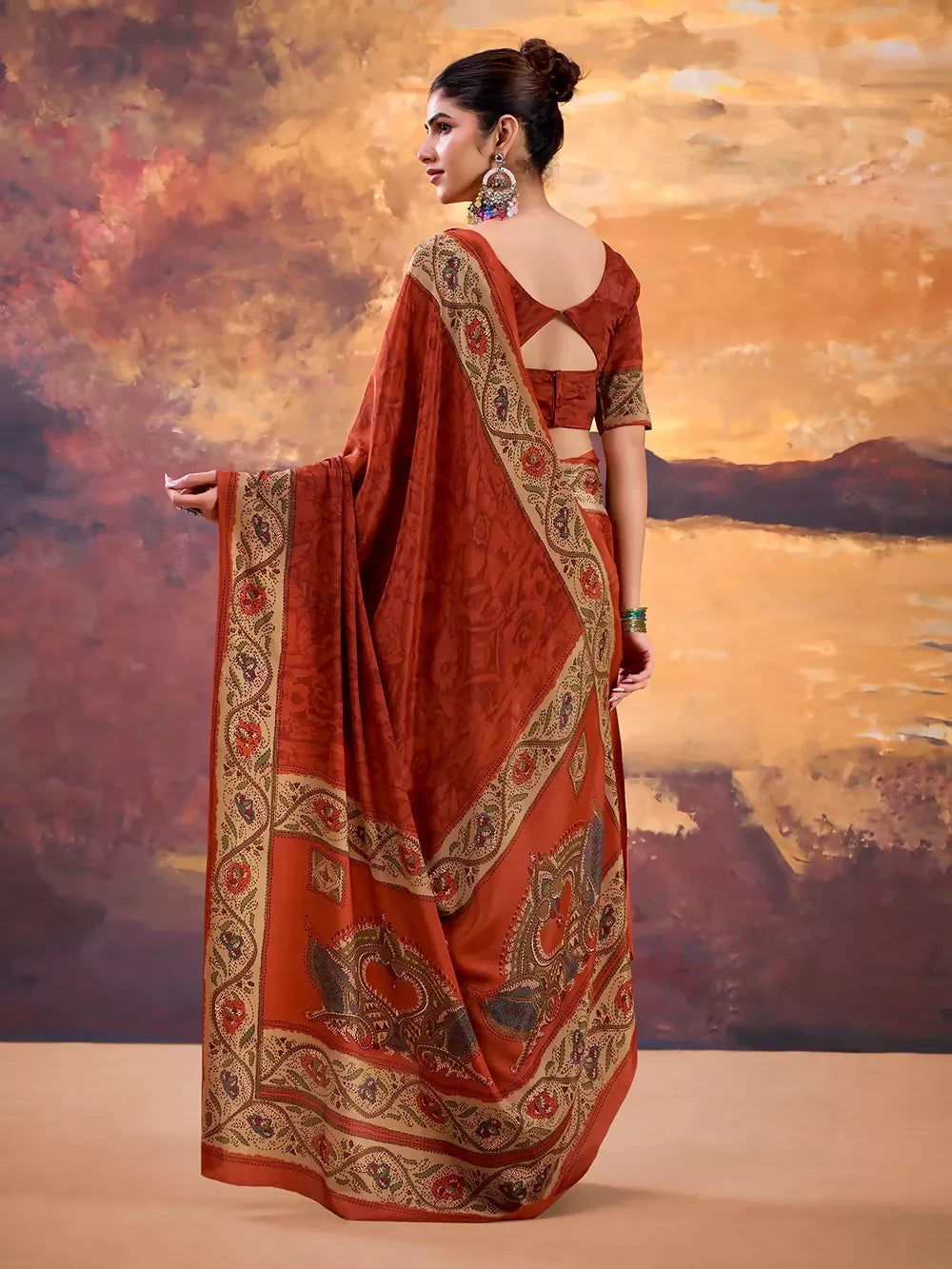 Vastranavya Orange Crepe Printed Saree with Unstitched Blouse