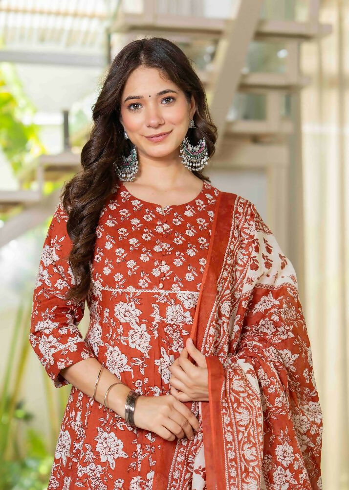 Jaimini Women Cotton Printed Round Neck 3/4 Sleeves Calf Length Flared Kurta Pant And Dupatta Set