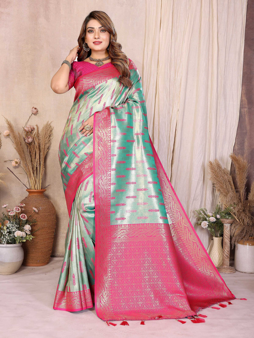 Aastha Fashion Sea Green Tissue Silk Paithani Woven Saree