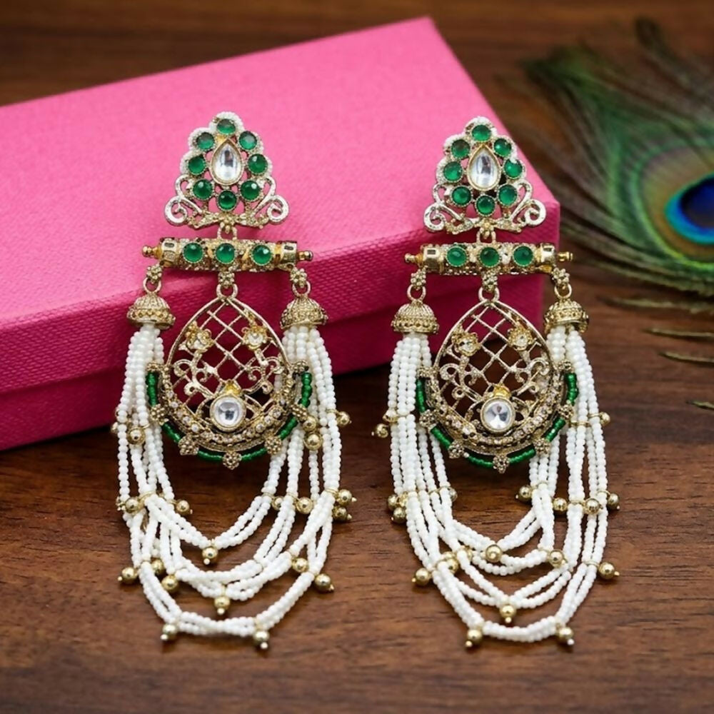 Jewel City Elegant Kundan & Green Emerald Pearl Drop Jhumka Earrings – Traditional Handcrafted Ethnic Jewelry