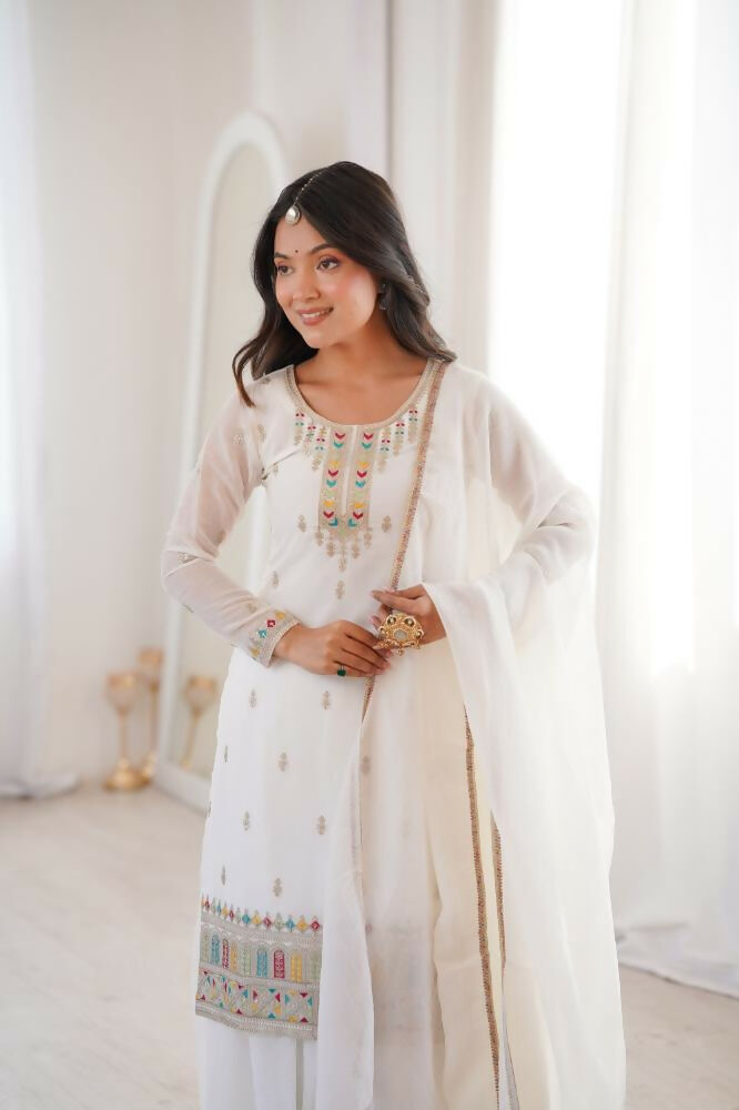 Lehenga Mart Designer Sharara Suit With Kurta, Sharara, Dupatta For Women-Off White