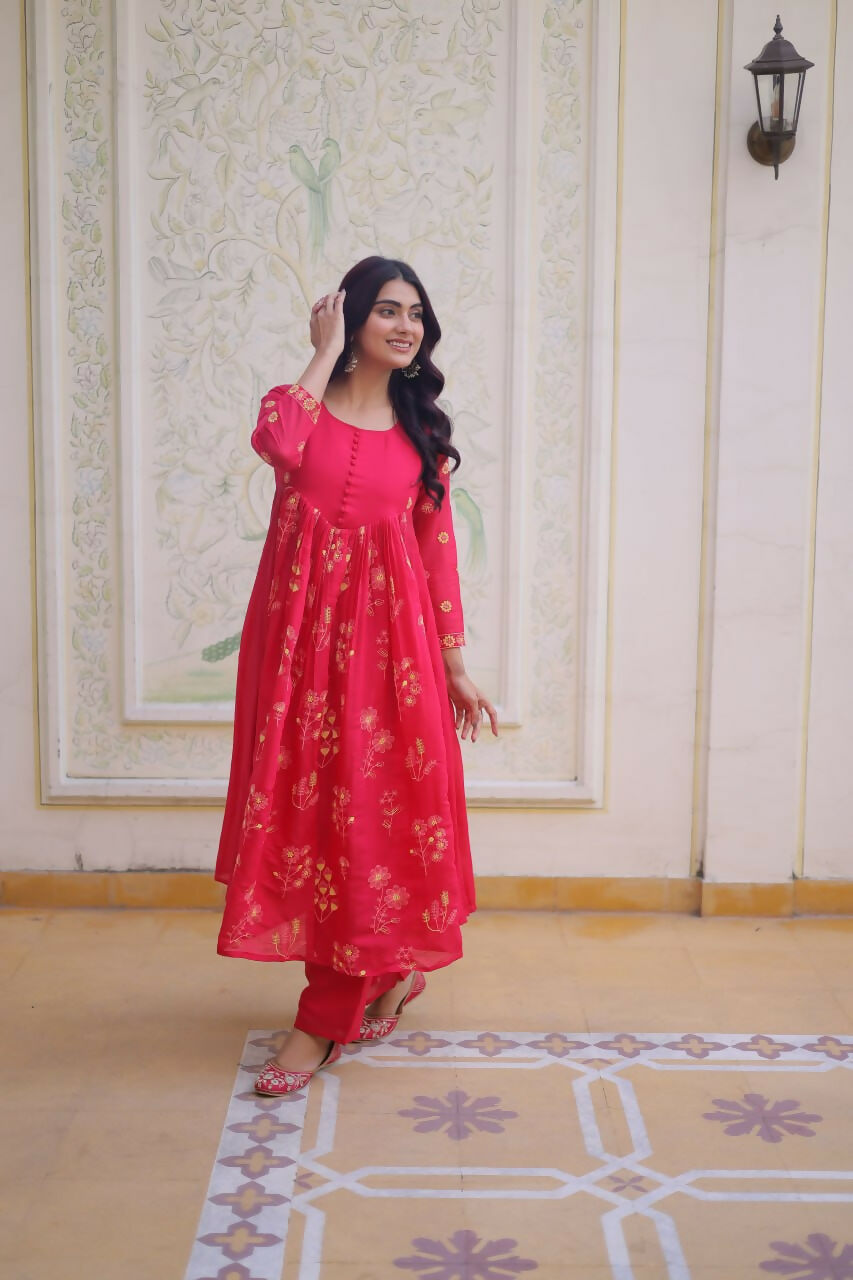 Teeya Creation Womens New Fancy Mul Chanderi With Embroidered Work Gown Set