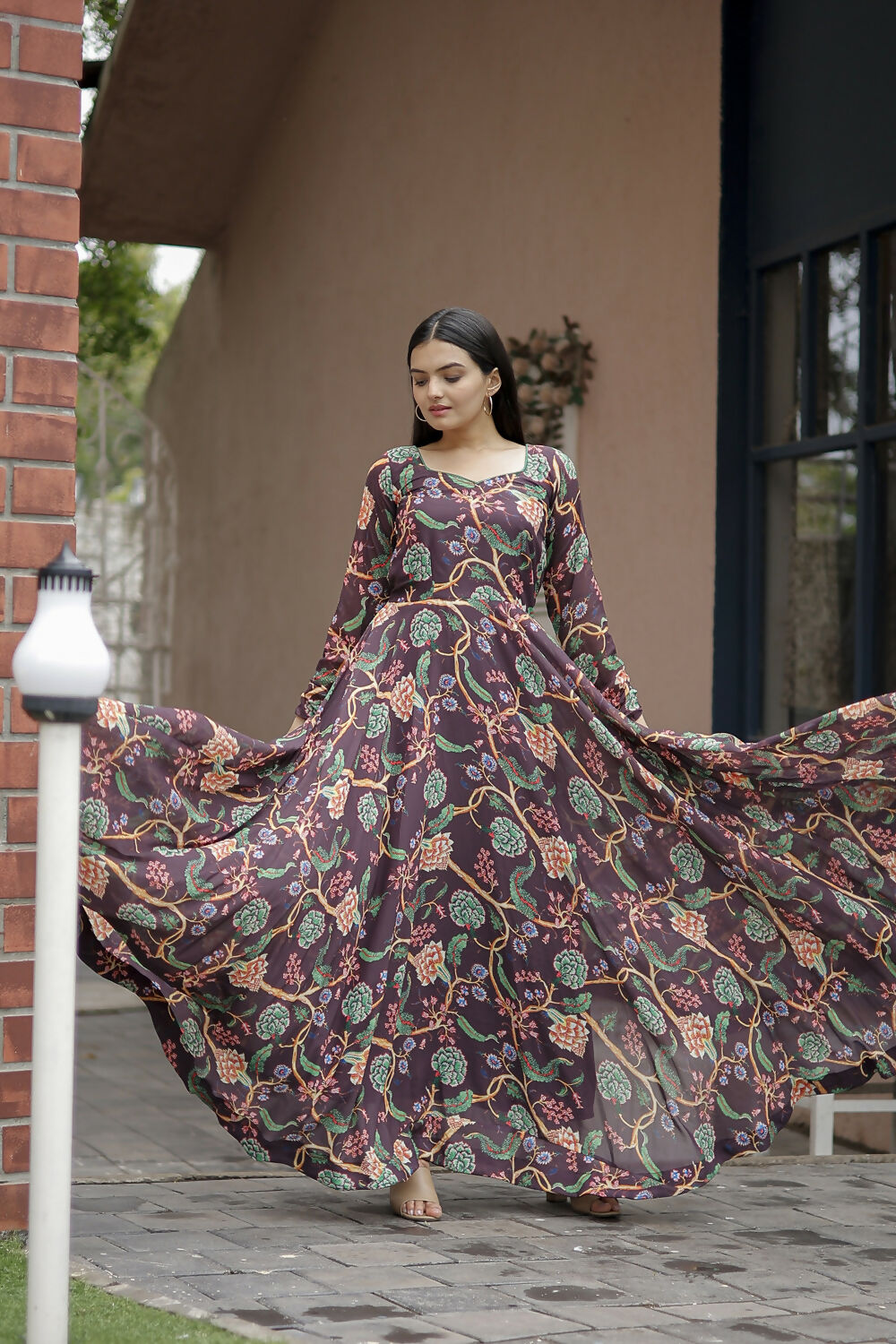 Aayaa Designer Printed Georgette Full Flare Gown With Dupatta - Multi Color