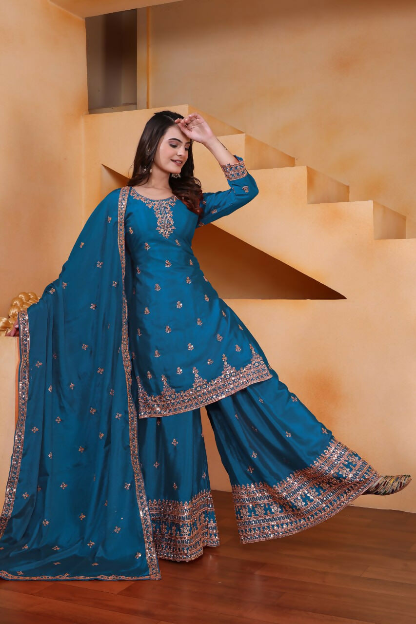 Teeya Creation Teal Color Chinon Silk Wedding Wear Trending Palazzo Set