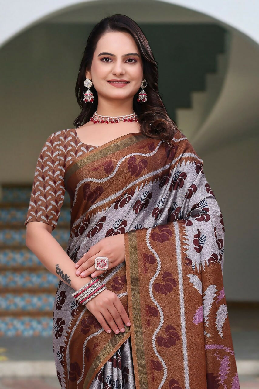 Prime Volt Women's Brown Printed Mal Cotton Saree with Designer Blouse Piece