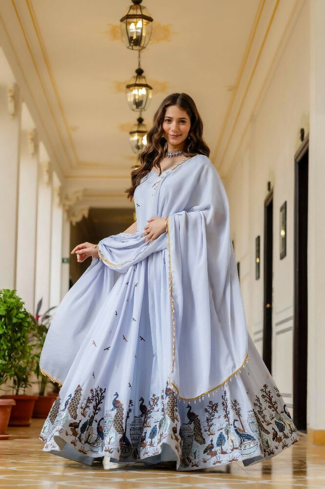 Teeya Creation Lavender Chinnon Heavy Work Long Wedding Gown