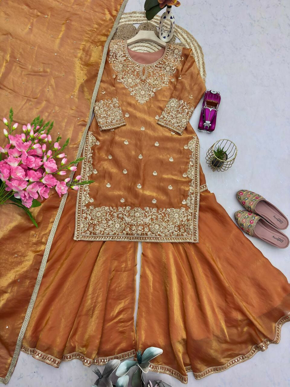 Teeya Creation Goldern Fendy Silk Embroidery Work Designer Wedding Wear Palazzo Suit