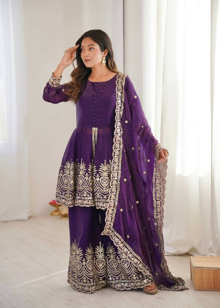Teeya Creation Purple Color Fendy Satin Silk Embroidery Work party Wear Salwar Suit