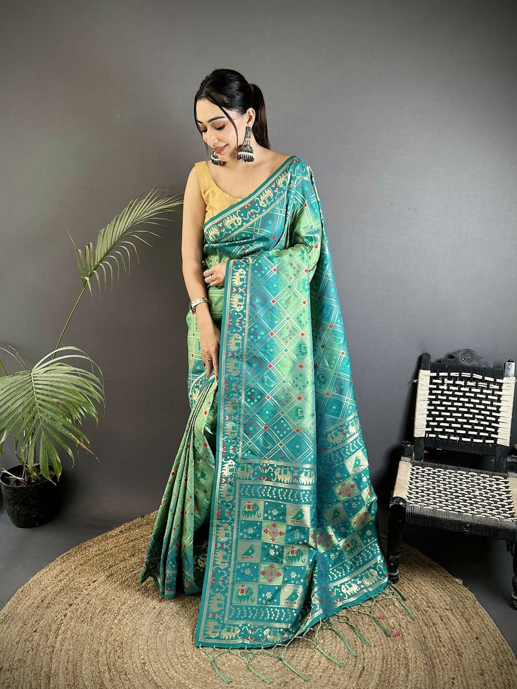 Joban Fashion Turquoise Geometric Pattern Soft Silk Patola Saree