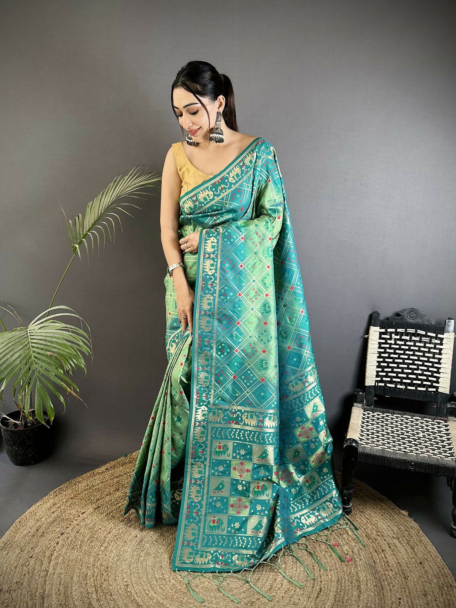 Joban Fashion Turquoise Geometric Pattern Soft Silk Patola Saree