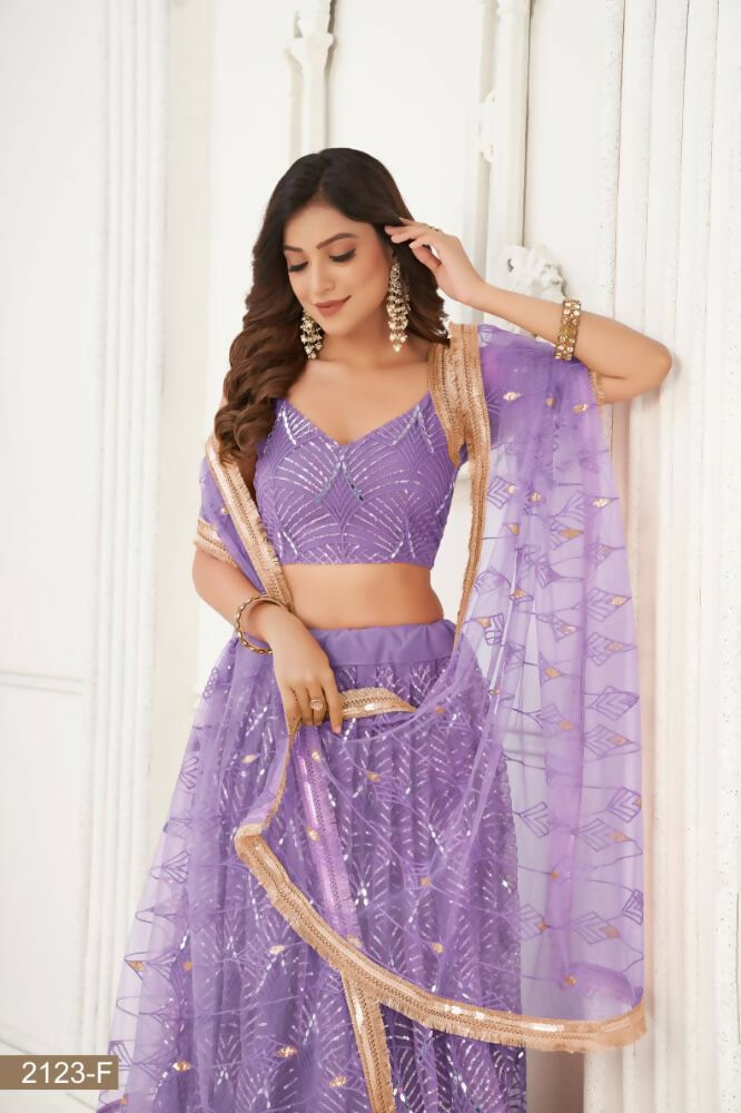 Aastha Fashion Lavender Butterfly Net Tone To Tone Thread Work, Sequence Work And Original Mirror Work Embroidery Wedding Wear Lehenga Choli