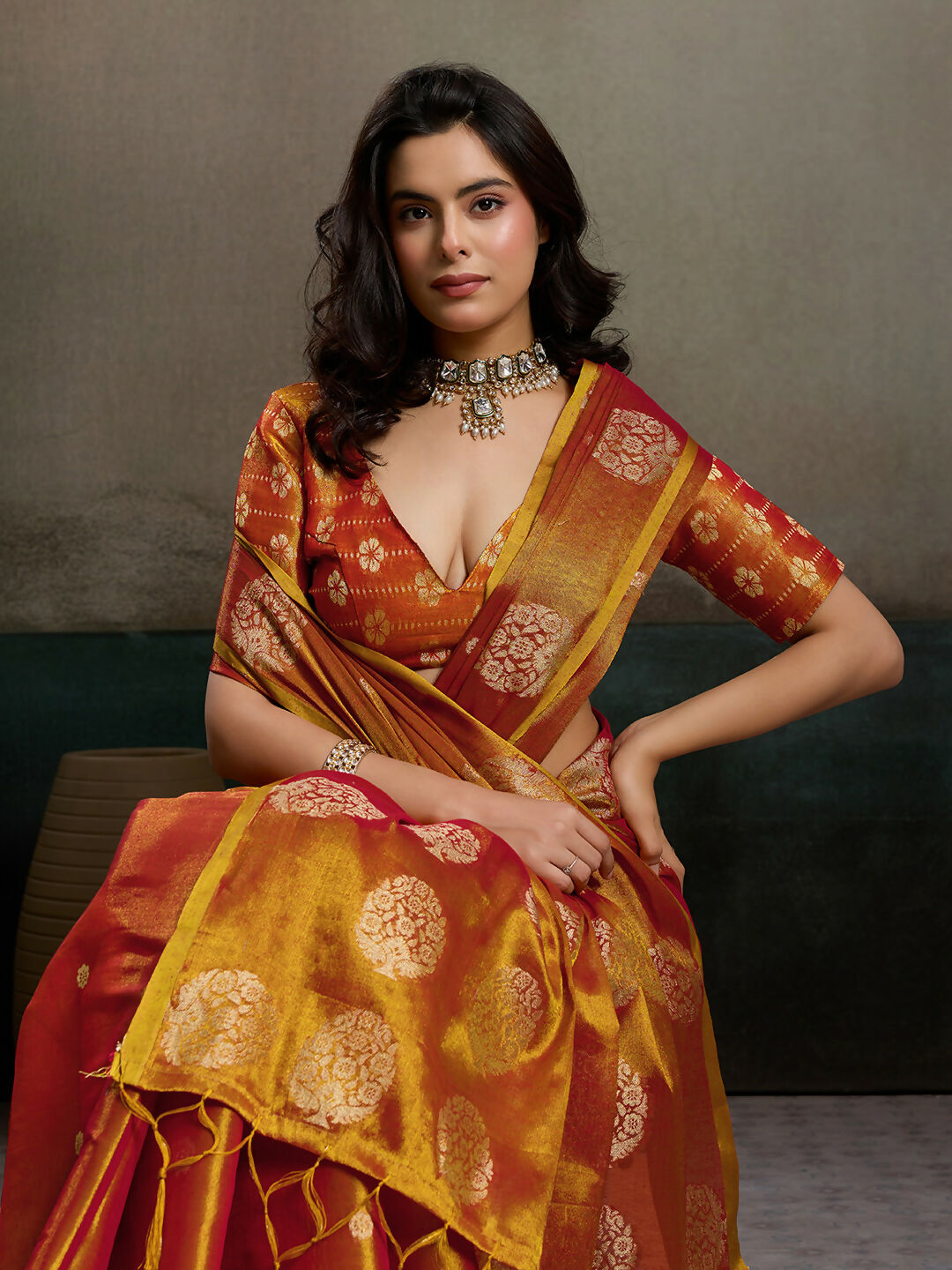 Shree Shyam Fashion Orange Tissue Silk Saree
